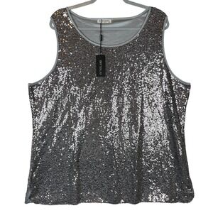 IN'VOLAND Womens 22W Sleeveless Silver Sequin Tank‎ Top Glitter Sparkle